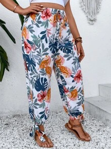 SHEIN Holidaya Plus Tropical Print Knot Hem Trousers - White - View 6