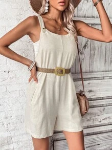 SHEIN LUNE Áo liền quần nữ Nút Túi màu trơn Giải trí - Màu be - Xem 5