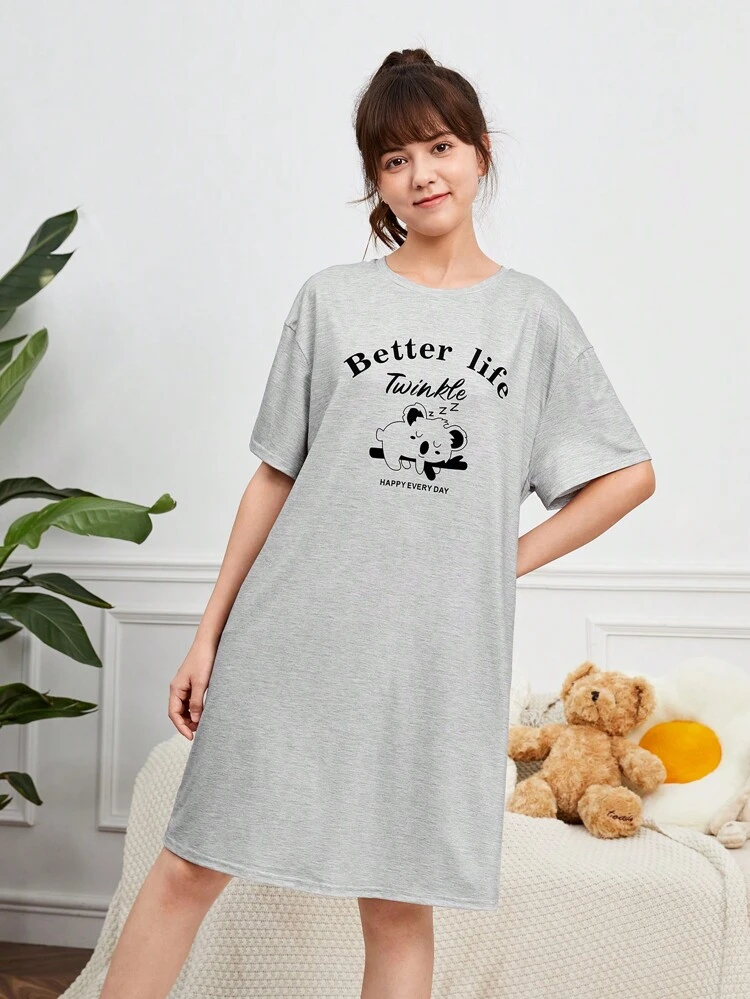 Teen Girl Slogan & Cartoon Graphic Drop Shoulder Nightdress