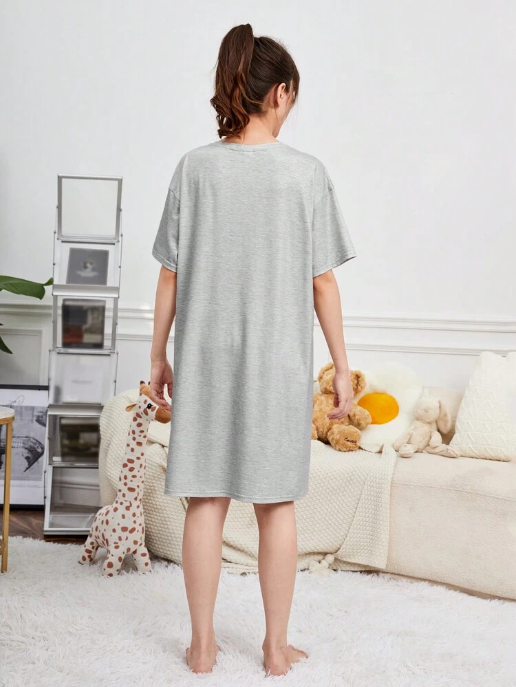 Teen Girl Slogan & Cartoon Graphic Drop Shoulder Nightdress