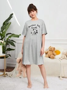 SHEIN Teen Girl Slogan & Cartoon Graphic Drop Shoulder Nightdress