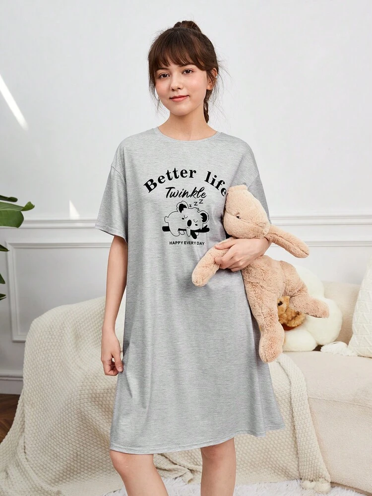 Teen Girl Slogan & Cartoon Graphic Drop Shoulder Nightdress
