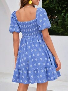 Soleia Gingham và váy in hoa xếp nếp bán thân Ruffle Hem Milkmaid Dress - Màu xanh lam - Xem 2