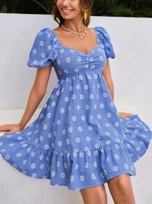 Soleia Gingham và váy in hoa xếp nếp bán thân Ruffle Hem Milkmaid Dress - Màu xanh lam - Xem 3