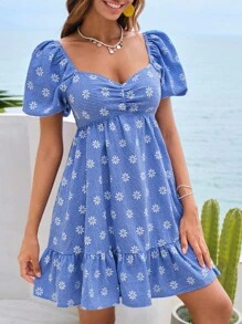 Soleia Gingham và váy in hoa xếp nếp bán thân Ruffle Hem Milkmaid Dress - Màu xanh lam - Xem 4