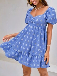 Soleia Gingham và váy in hoa xếp nếp bán thân Ruffle Hem Milkmaid Dress - Màu xanh lam - Xem 5