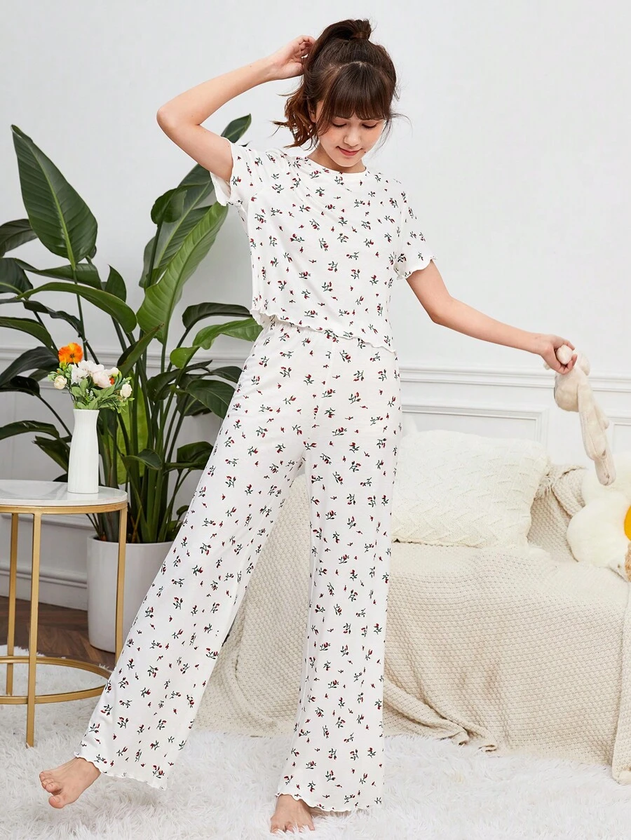 SHEIN 青少年女孩碎花T恤和褲子睡衣套裝 - 彩色 - 查看 1