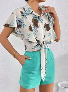 SHEIN Privé 熱帶圖案下擺打結襯衫&短褲 - 彩色 - 查看 1