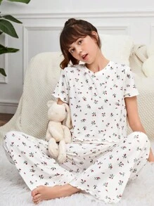 SHEIN 青少年女孩碎花T恤和褲子睡衣套裝 - 彩色 - 查看 3