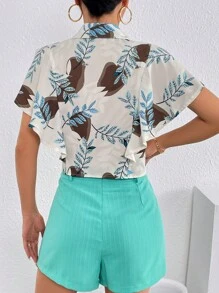 SHEIN Privé 熱帶圖案下擺打結襯衫&短褲 - 彩色 - 查看 2