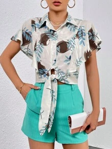 SHEIN Privé 熱帶圖案下擺打結襯衫&短褲 - 彩色 - 查看 3