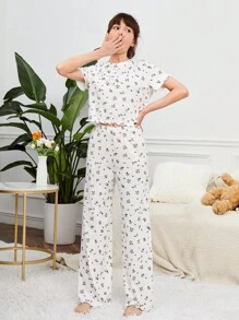 SHEIN 青少年女孩碎花T恤和褲子睡衣套裝 - 彩色 - 查看 5