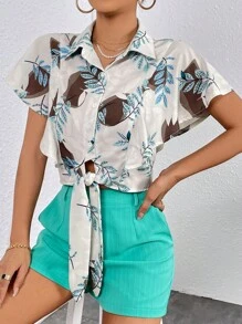 SHEIN Privé 熱帶圖案下擺打結襯衫&短褲 - 彩色 - 查看 4