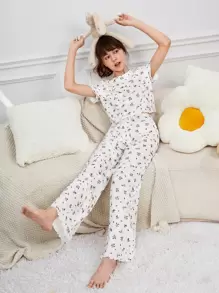 SHEIN 青少年女孩碎花T恤和褲子睡衣套裝 - 彩色 - 查看 6