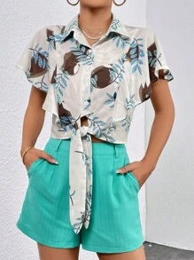 SHEIN Privé 熱帶圖案下擺打結襯衫&短褲 - 彩色 - 查看 5