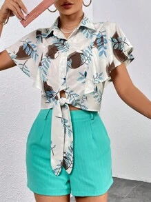 SHEIN Privé 熱帶圖案下擺打結襯衫&短褲 - 彩色 - 查看 6