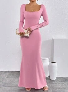 Firerie Women's Simple Casual Elegant Abstract Print Turtleneck Long Sleeve Bodycon Mermaid Dress Fall Clothes Black Elegant Dress Homecoming Dresses Fall Women Dresses - Pink - View 3