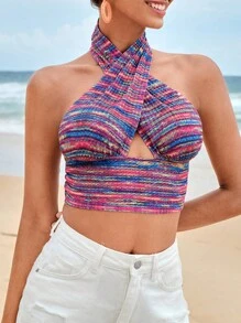 SHEIN VCAY Space Dye Crisscross Halter Top - Multicolor - View 5