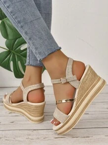 Women's Gold Woven Rhinestones Decorated Wedge Platform Sandals, Young Fashion Boho Style Casual Versatile Holiday Wedge Platform Sandals - Rose Gold - View 3