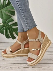 Women's Gold Woven Rhinestones Decorated Wedge Platform Sandals, Young Fashion Boho Style Casual Versatile Holiday Wedge Platform Sandals - Rose Gold - View 4