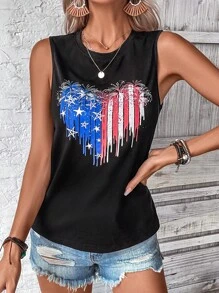 SHEIN LUNE Flag & Heart Print Tank Top - Black - View 3