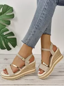 Women's Gold Woven Rhinestones Decorated Wedge Platform Sandals, Young Fashion Boho Style Casual Versatile Holiday Wedge Platform Sandals - Rose Gold - View 5