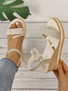 Women's Gold Woven Rhinestones Decorated Wedge Platform Sandals, Young Fashion Boho Style Casual Versatile Holiday Wedge Platform Sandals - Rose Gold - View 6