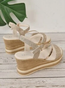 Women's Gold Woven Rhinestones Decorated Wedge Platform Sandals, Young Fashion Boho Style Casual Versatile Holiday Wedge Platform Sandals - Rose Gold - View 7