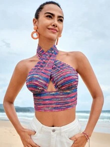 SHEIN VCAY Space Dye Crisscross Halter Top - Multicolor - View 6