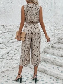 Breezaya Ditsy Floral Print Knot Front Jumpsuit - Khaki - View 2