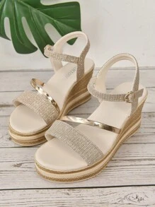 Women's Gold Woven Rhinestones Decorated Wedge Platform Sandals, Young Fashion Boho Style Casual Versatile Holiday Wedge Platform Sandals - Rose Gold - View 8