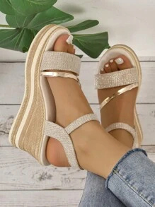 Women's Gold Woven Rhinestones Decorated Wedge Platform Sandals, Young Fashion Boho Style Casual Versatile Holiday Wedge Platform Sandals - Rose Gold - View 9