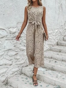 Breezaya Ditsy Floral Print Knot Front Jumpsuit - Khaki - View 4