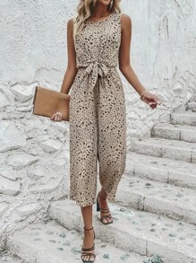 Breezaya Ditsy Floral Print Knot Front Jumpsuit - Khaki - View 5