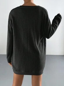 SHEIN EZwear Bộ đồ hai mảnh nữ Gân đan màu trơn Giải trí - màu đen - Xem 2