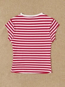SHEIN EZwear 條紋印花T恤 - 紅白色 - 查看 2