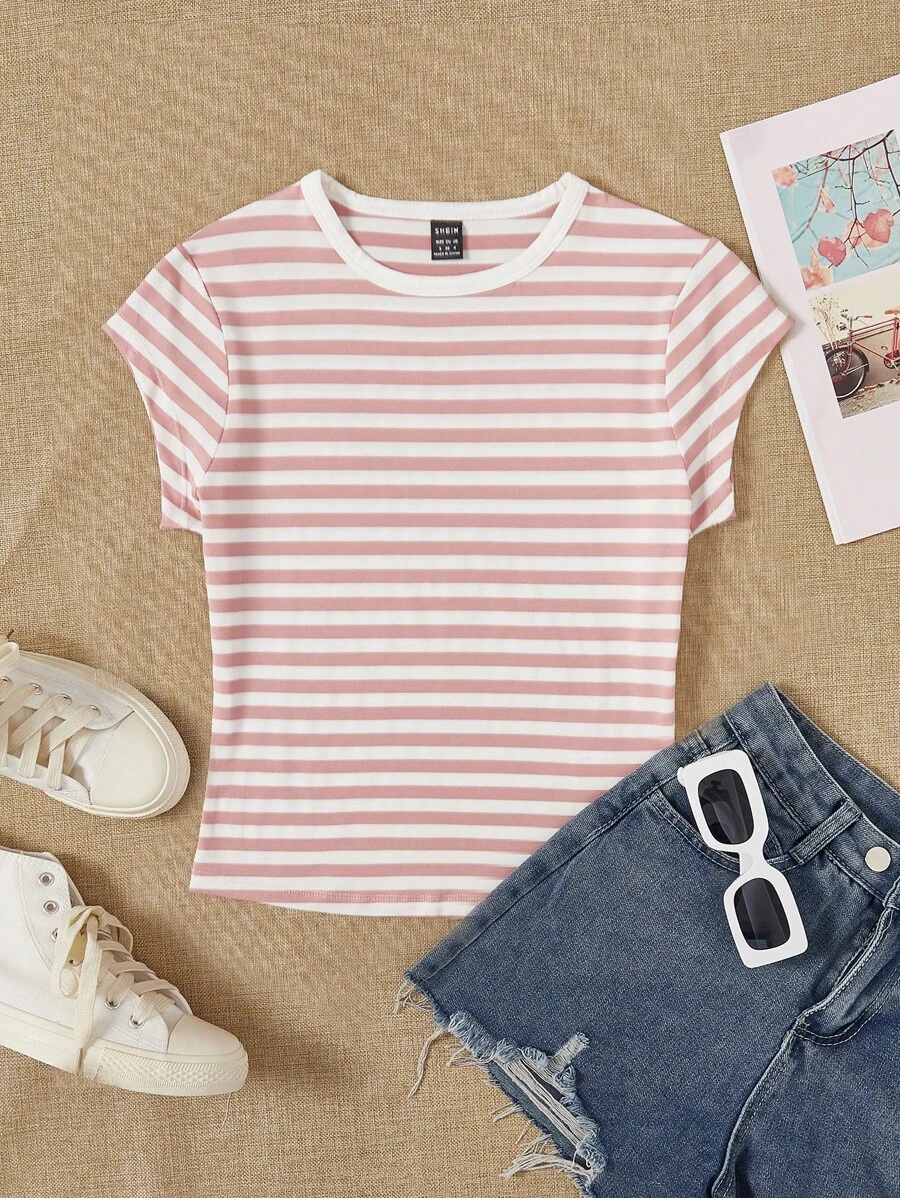 SHEIN EZwear Women's Casual Striped Short Sleeve Knit T-Shirt - Baby Pink - View 1