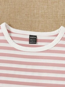 SHEIN EZwear Women's Casual Striped Short Sleeve Knit T-Shirt - Baby Pink - View 4