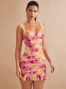 SHEIN BAE Đầm Xù Dây kéo Viên lá sen Hoa Tất cả trên in Gợi cảm - Nhiều màu - Xem 5