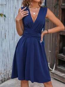 SHEIN Clasi Đầm Hội Chữ thập Xù Trọn gói màu trơn Thanh lịch - Xanh đậm - Xem 1