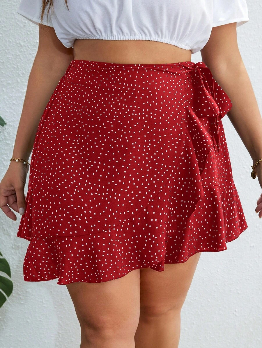 SHEIN VCAY 大碼波點圖案側打結荷葉邊裹身裙 - 紅色 - 查看 1