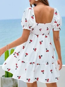 SHEIN VCAY Cherry thêu Nút phía trước Xù Hoa Sen Đầm - trắng - Xem 2