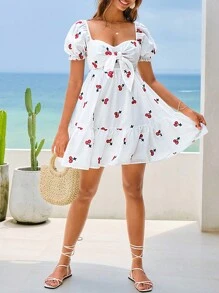 SHEIN VCAY Cherry thêu Nút phía trước Xù Hoa Sen Đầm - trắng - Xem 5