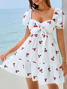 SHEIN VCAY Cherry thêu Nút phía trước Xù Hoa Sen Đầm - trắng - Xem 6