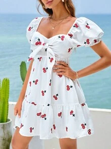 SHEIN VCAY Cherry thêu Nút phía trước Xù Hoa Sen Đầm - trắng - Xem 7