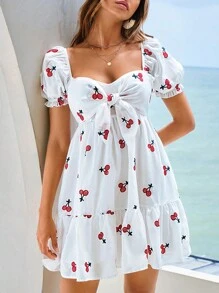SHEIN VCAY Cherry thêu Nút phía trước Xù Hoa Sen Đầm - trắng - Xem 4