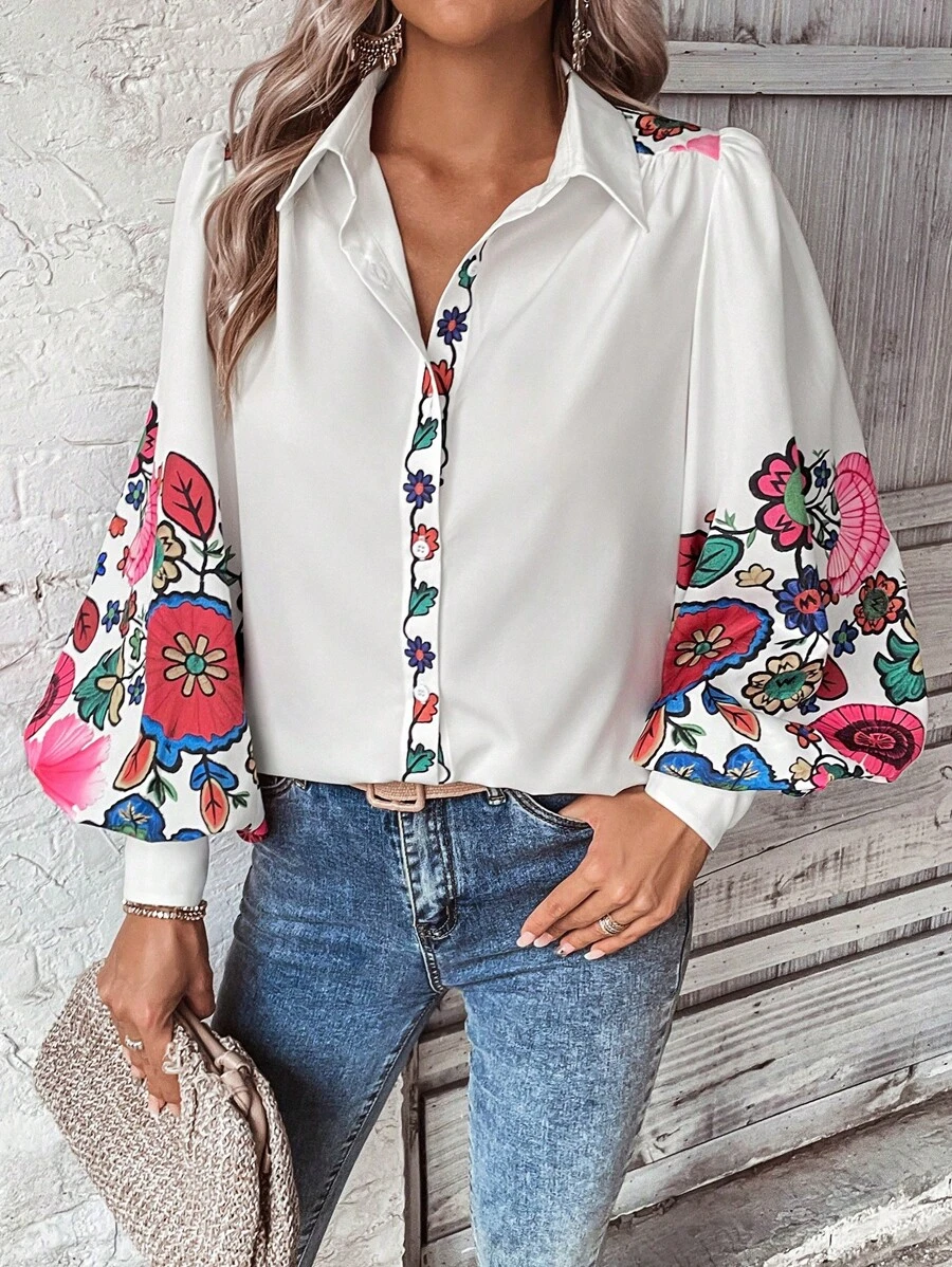 SHEIN LUNE Áo sơ mi nữ Nút Hoa Giải trí - trắng - Xem 1