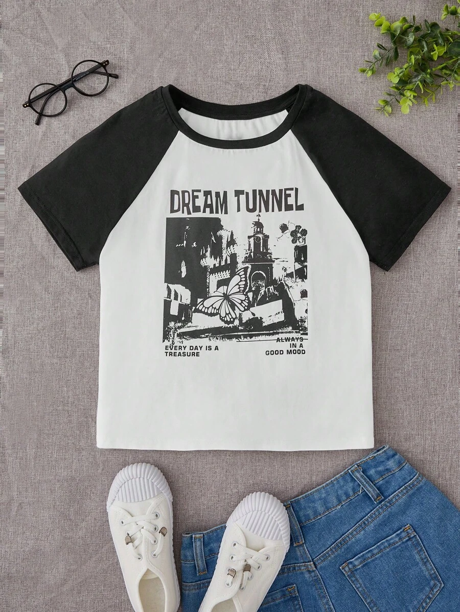 SHEIN Tops con gái Slogan Loại bướm Giải trí - Đen và trắng - Xem 1