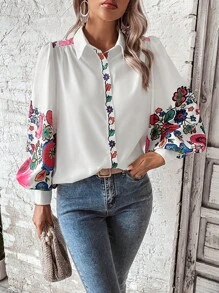 SHEIN LUNE Áo sơ mi nữ Nút Hoa Giải trí - trắng - Xem 3