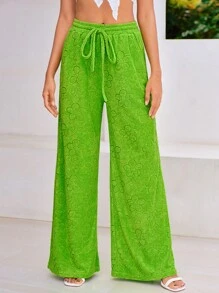 SHEIN VCAY 腰部抽繩闊腿褲 - 青檸色 - 查看 1